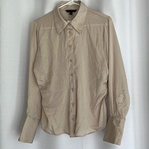 Banana Republic blouse with ruched sides; color is “oyster pearl ;”